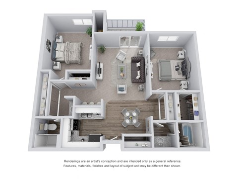 Floor plan for 2 beds, 2 baths, 938 sqft